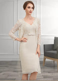 Macy Sheath/Column V-neck Knee-Length Chiffon Lace Mother of the Bride Dress With Bow(s) STK126P0014924