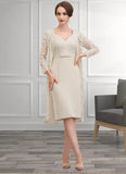 Macy Sheath/Column V-neck Knee-Length Chiffon Lace Mother of the Bride Dress With Bow(s) STK126P0014924