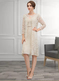 Macy Sheath/Column V-neck Knee-Length Chiffon Lace Mother of the Bride Dress With Bow(s) STK126P0014924