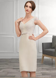 Macy Sheath/Column V-neck Knee-Length Chiffon Lace Mother of the Bride Dress With Bow(s) STK126P0014924