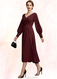 Gretchen A-Line V-neck Tea-Length Mother of the Bride Dress With Ruffle STK126P0014948