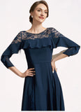 Skylar A-Line Scoop Neck Tea-Length Chiffon Lace Mother of the Bride Dress With Beading Cascading Ruffles STK126P0014952