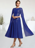 Denisse A-Line Scoop Neck Tea-Length Chiffon Lace Mother of the Bride Dress With Sequins STK126P0014960