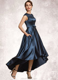 Olive A-Line Scoop Neck Asymmetrical Satin Mother of the Bride Dress With Bow(s) Pockets STK126P0014976