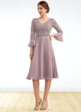 Madelyn A-Line V-neck Knee-Length Chiffon Lace Mother of the Bride Dress With Sequins Cascading Ruffles STK126P0014977