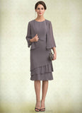 Sadie A-Line Scoop Neck Knee-Length Chiffon Mother of the Bride Dress With Cascading Ruffles STK126P0014981