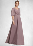 Daniela A-Line V-neck Floor-Length Chiffon Mother of the Bride Dress With Ruffle STK126P0014992