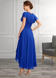 Mignon A-Line V-neck Asymmetrical Chiffon Mother of the Bride Dress With Beading Appliques Lace Sequins Cascading Ruffles STK126P0014994