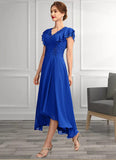 Mignon A-Line V-neck Asymmetrical Chiffon Mother of the Bride Dress With Beading Appliques Lace Sequins Cascading Ruffles STK126P0014994