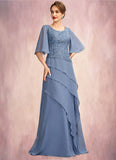 Virginia A-Line Scoop Neck Floor-Length Chiffon Lace Mother of the Bride Dress With Sequins Cascading Ruffles STK126P0014997