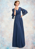 Yasmin A-Line V-neck Floor-Length Chiffon Mother of the Bride Dress With Cascading Ruffles STK126P0015003