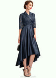 Abby A-Line V-neck Asymmetrical Satin Lace Mother of the Bride Dress With Sequins Pockets STK126P0015008