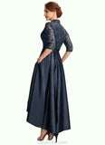 Abby A-Line V-neck Asymmetrical Satin Lace Mother of the Bride Dress With Sequins Pockets STK126P0015008