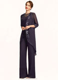 Sanai Jumpsuit/Pantsuit Scoop Neck Floor-Length Chiffon Lace Mother of the Bride Dress With Sequins STK126P0015010