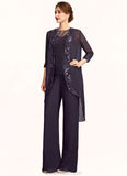 Sanai Jumpsuit/Pantsuit Scoop Neck Floor-Length Chiffon Lace Mother of the Bride Dress With Sequins STK126P0015010