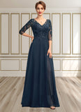 Hilda A-Line V-neck Floor-Length Chiffon Lace Mother of the Bride Dress With Sequins Split Front STK126P0015014