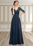 Hilda A-Line V-neck Floor-Length Chiffon Lace Mother of the Bride Dress With Sequins Split Front STK126P0015014