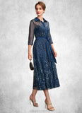 Rosie A-Line V-neck Tea-Length Chiffon Lace Mother of the Bride Dress With Sequins Bow(s) STK126P0015017