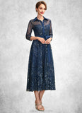 Rosie A-Line V-neck Tea-Length Chiffon Lace Mother of the Bride Dress With Sequins Bow(s) STK126P0015017