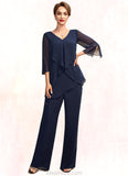 Riley Jumpsuit/Pantsuit V-neck Floor-Length Chiffon Mother of the Bride Dress With Cascading Ruffles STK126P0015019