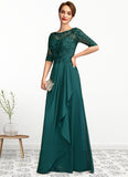 Brianna A-Line Scoop Neck Floor-Length Chiffon Lace Mother of the Bride Dress With Beading Sequins Cascading Ruffles STK126P0015027