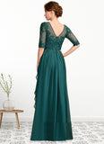 Brianna A-Line Scoop Neck Floor-Length Chiffon Lace Mother of the Bride Dress With Beading Sequins Cascading Ruffles STK126P0015027