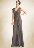 Shania A-Line V-neck Floor-Length Chiffon Lace Mother of the Bride Dress With Beading Sequins Cascading Ruffles STK126P0015030