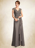 Shania A-Line V-neck Floor-Length Chiffon Lace Mother of the Bride Dress With Beading Sequins Cascading Ruffles STK126P0015030