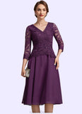 Zara A-Line V-neck Knee-Length Chiffon Lace Mother of the Bride Dress With Beading Sequins STK126P0015035