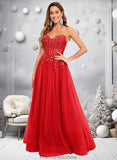 Moira Ball-Gown/Princess V-Neck Floor-Length Tulle Prom Dresses With Sequins Appliques Lace STKP0025837