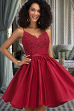 Maribel A-line V-Neck Short/Mini Lace Satin Homecoming Dress With Beading STKP0020554