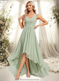 Finley A-line V-Neck Asymmetrical Chiffon Bridesmaid Dress STKP0025809