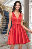 Neveah A-line V-Neck Short/Mini Satin Homecoming Dress With Bow STKP0020583