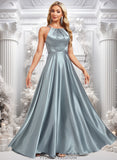 Elyse A-line Halter Floor-Length Stretch Satin Bridesmaid Dress STKP0025783