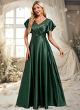 Danna A-line V-Neck Floor-Length Stretch Satin Bridesmaid Dress With Ruffle STKP0025773