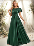 Jillian A-line Scoop Floor-Length Stretch Satin Bridesmaid Dress With Ruffle STKP0025770