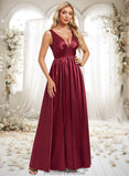 Sanaa A-line V-Neck Floor-Length Stretch Satin Bridesmaid Dress STKP0025771