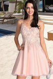 Salma A-line V-Neck Short/Mini Tulle Homecoming Dress With Beading STKP0020538