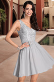 Arianna A-line V-Neck Short/Mini Chiffon Lace Homecoming Dress With Sequins STKP0020557