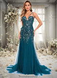 Alivia Trumpet/Mermaid V-Neck Sweep Train Tulle Prom Dresses With Sequins Appliques Lace STKP0025853