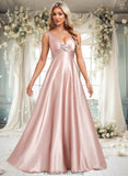 Jaidyn A-line V-Neck Floor-Length Stretch Satin Bridesmaid Dress STKP0025779