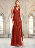 Itzel A-line V-Neck Floor-Length Chiffon Bridesmaid Dress With Ruffle STKP0025754