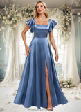 Mildred A-line Square Floor-Length Stretch Satin Bridesmaid Dress With Ruffle STKP0025769