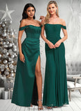 Chelsea A-line Off the Shoulder Floor-Length Satin Bridesmaid Dress STKP0025743