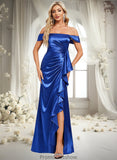 Maia Trumpet/Mermaid Off the Shoulder Floor-Length Stretch Satin Bridesmaid Dress With Ruffle STKP0025800