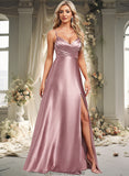 Charlee A-line V-Neck Floor-Length Stretch Satin Bridesmaid Dress STKP0025822