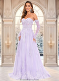 Karsyn A-line Sweetheart Sweep Train Tulle Prom Dresses With Sequins Appliques Lace STKP0025856