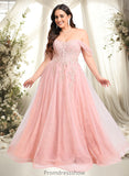 Jazlynn A-line Sweetheart Off the Shoulder Floor-Length Tulle Floral Lace Prom Dresses With Appliques Lace STKP0025870