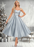 Cassie A-line V-Neck Tea-Length Satin Bridesmaid Dress STKP0025794