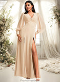 Adison A-line V-Neck Floor-Length Chiffon Bridesmaid Dress STKP0025763